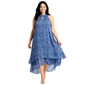 Mlle Gabrielle Layered High Button Keyhole Neckline Layered Maxi Dress